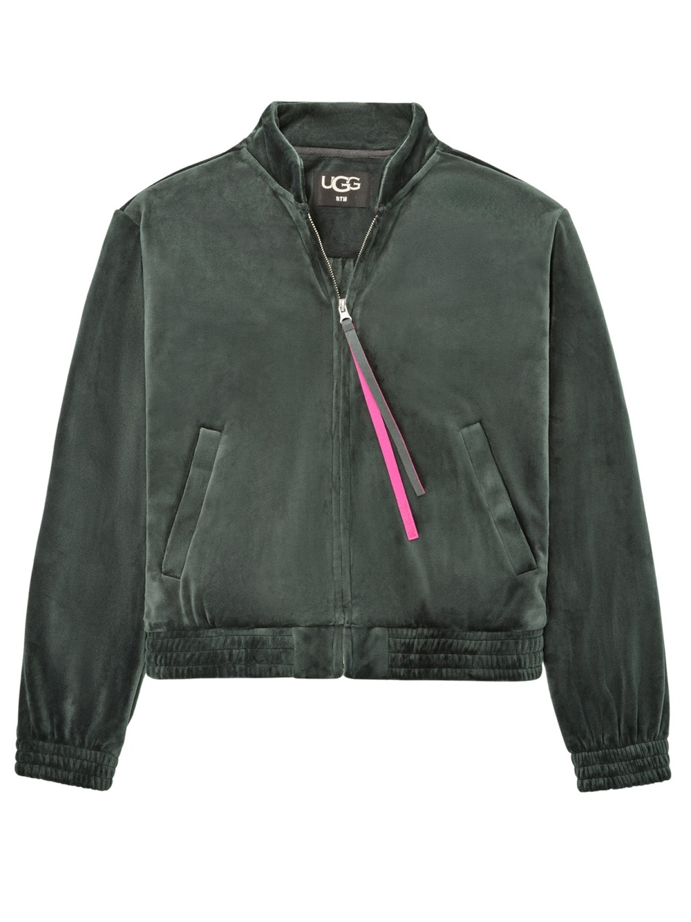 NWT UGG Devaney Bomber Jacket Dark Green Velour Velvet Full Zip Hot Pink